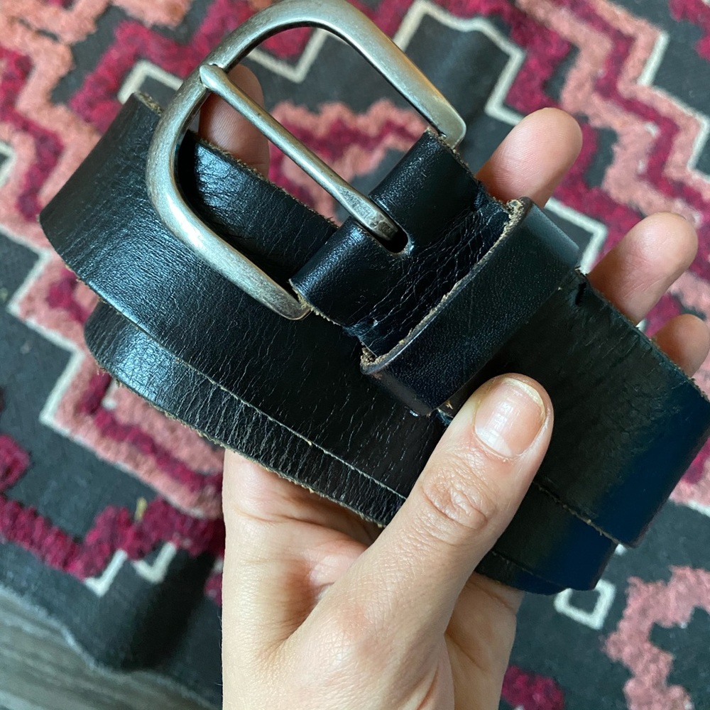 90’s big buckle silver black leather belt S/M